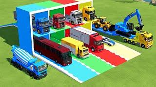 TRANSPORTING EXCAVATOR, DUMP TRUCK, BULLDOZER, POLICE CARS TO GARAGE WITH MAN TRUCK - FS22