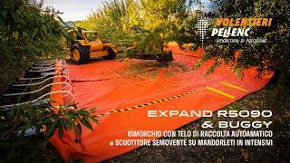 Rimorchio con telo di raccolta automatico EXPAND R5090 e scuotitore semovente BUGGY su mandorle