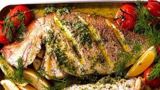 Whole Baked Fish - Herb Stuffed, with Garlic Butter Dill Sauce