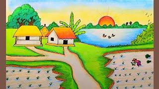 How to draw a village scenery step by step | very easy | summer season paddy field farmer drawing