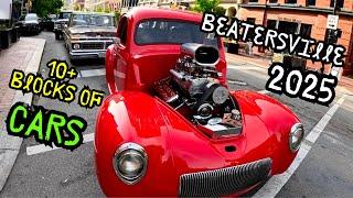 Massive lineup of Hot Rod Cars Waiting to get into Beatersville 2025 Rat Rod Car Show Louisville, Ky