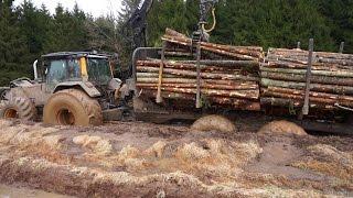 Valtra forestry tractor stuck, wet conditions