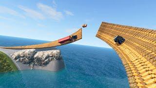 Cars Flying over Impossible Loop Bridge - Container Truck Car vs Deep Abyss Mountain - BeamNG.Drive