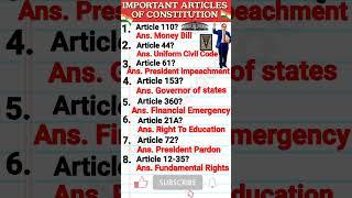 IMPORTANT ARTICLES OF INDIAN CONSTITUTION/GENIUS GKQUIZ #articles #gk #indiagk #shorts #shortvideo