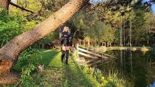 Granate styling walking outdoor, evening sun, leather #thighhighboots, minidress, high heels