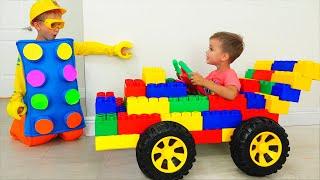 Vlad and Niki Ride on Toy Sports Car & play with colored toy blocks