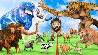 5 Giant Mammoth Elephant Cow Vs 5 Giant Lion Tiger Wolf Attack Buffalo Zebra Saved by Woolly Mammoth