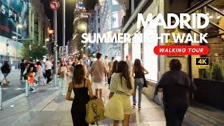 4K Madrid Summer Night Walking Tour | Cibeles to Callao via Gran Via