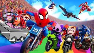 GTA V SPIDER-MAN 2 , POMNI, IRONMEN, SONIC, CATNAP  Join in Epic New Stunt Racing