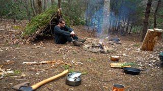 Solo Bushcraft: Building a survival shelter camp, foraging and cooking wild edibles, spoon carving