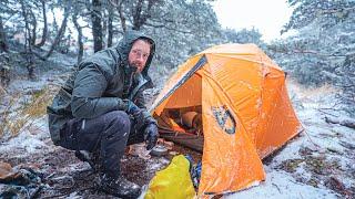CAMPING IN WINTER STORM - Heavy Rain - Snow - Thunder