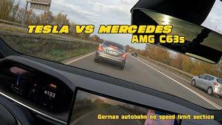 Almost Crashed.. Cheapest Tesla Model S vs Mercedes AMG C63s on German autobahn