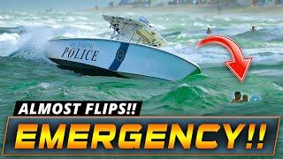 POLICE BOAT ALMOST FLIPS DURING DANGEROUS RESCUE AT HAULOVER INLET !! | WAVY BOATS