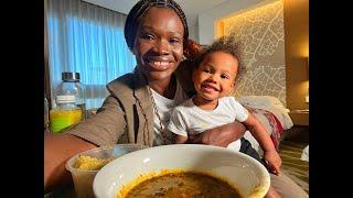 Eating fufu in our Dubai hotel room
