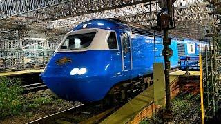 Spotless blue HST beneath under-restoration station roof on Midland Pullman