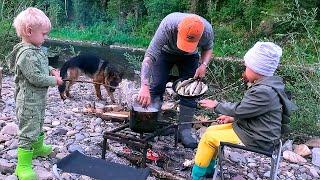 Рыбалка с Ночевкой на Новой реке с Семьей и Детьми. Быт и Еда на Огне. Заснял Редкую Рыбу. Часть 1