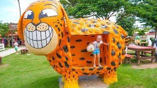 Nastya playing at the sheeps farm with funny animals and giant colored toys