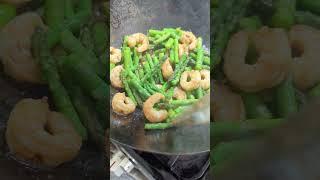 Asparagus stir-fried with shrimp, garlic, soy sauce, oyster sauce  a little sugar and black pepper