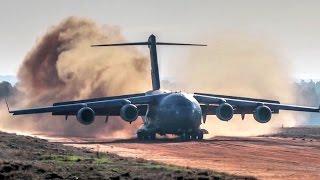 C-17 Dirt Airstrip Landing & Takeoff, Unloads AH-64.