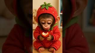 Baby Monkey Eats a Strawberry and Giggles! 