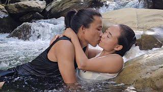 kind man and single mother passionate love caressing each other bathing in the stream & fishing