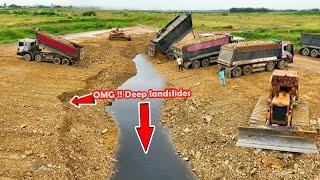 Wow!!Insane Number Of Truck Loading Stones Try To Compact The Land Stop It Sinking Again With Dozer