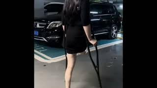 One legged Asian Amputee Girl Walking With Crutches And High Heel - SAK Amputee Woman With High Heel