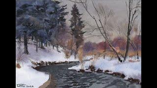 Зимний пейзаж акварелью. Watercolor winter landscape