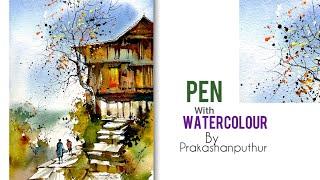 Line-n-wash | watercolor with pen | simple way of painting demo by Prakashanputhur