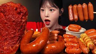 Giant Buldak Kielbasa Sausage & Cheese Frankfurter Mukbang Asmr