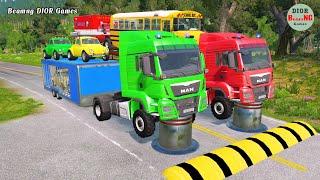 Double Flatbed Trailer Truck vs speed bumps|Busses vs speed bumps|Beamng Drive|1002