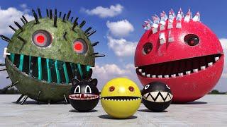 Robot Pacman & Chain Chomp VS Cartoon Cat & Spiky Monster Pacman in Sci-fi Maze