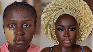 DARK SKIN MAKEUP TRANSFORMATION | NIGERIAL BRIDAL LOOK AND GELE