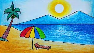 How to draw a sea beach scenery easy | Summer season scenery in sea beach drawing