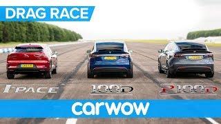 Jaguar I-Pace vs Tesla Model X 100D & P100D - DRAG RACE, ROLLING RACE AND BRAKE TEST