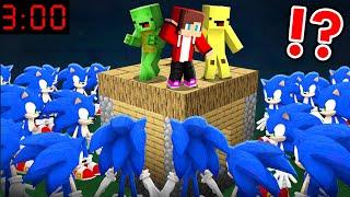 JJ and Mikey and Banana Kid SURROUNDED by 1000 SONIC in Minecraft Maizen Security house