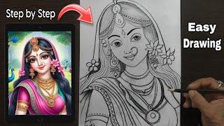 Radha drawing Tutorial | Beautiful Radha Rani Pencil Sketch | Step by Step Drawing / Radha drawing