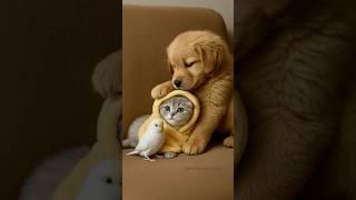 Puppy Can't Hide His Love for the Sweet Kitten and Bird Friend