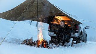 Winter Truck Camping in a Snowstorm | Camping ASMR | Sounds of Nature and Camping