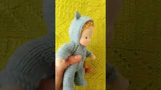 Knitted hooded jumpsuit with ears for a 7 inch (18 cm) Waldorf baby doll