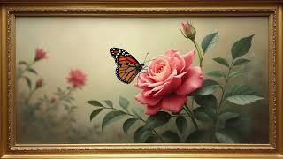 Gold Frame TV Art Painting | 2-Hour Static Video | Butterfly on Pink Rose | No Sound