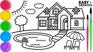 Big House with Swimming Pool Drawing / Let's Learn How to Draw House Drawing Online / Mayra Drawing