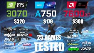 RTX 3070 8GB vs ARC A750 8GB vs RX 7600XT 16GB | R9 - 7950X3D | 1080p - 25 Games Tested