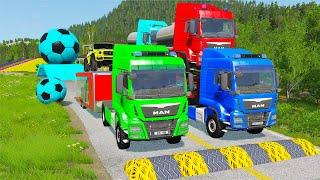 Double Flatbed Trailer Truck vs Speedbumps Train vs Cars | Tractor vs Train Beamng.Drive 058