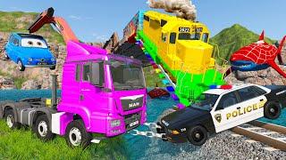 BeamNG drive - Truck Rescue Police Cars with Small Cars vs Train - Cars vs Deep Water