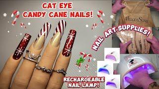 CAT EYE CANDY CANE NAILS | MELODYSUSIE RECHARGEABLE NAIL LAMP | WHATS INSIDE MY XMAS GIFT BOX??