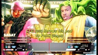Street Fighter 5 (SFV) - LTG Low Tier God (Gill) throws his pad vs Punk (Sagat)