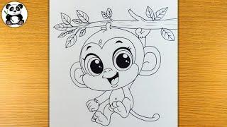 Cute monkey on a tree looking for banana drawing | cute monkey drawing | animals drawing