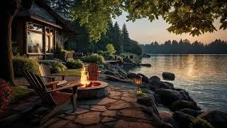 Lakeside Ambient with The Sounds of Nature and Crackling Fire Pit in Morning Summer