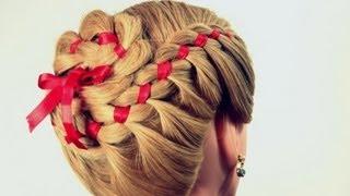 Прическа: плетение косы из 4 прядей с лентой.  4 Strand Braid